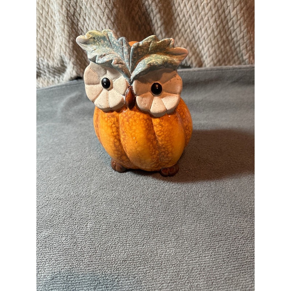 Owl Pumpkin‎ Figurine Melrose Ceramic Orange 6.5" x 5" x 4" Leaves Flower Eyes